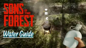 A cooking pot near a stream in Sons of The Forest and the player holding a water flask in hand
