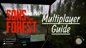 Sons of the Forest co-op gameplay in golf carts with Multiplayer Guide text middle right