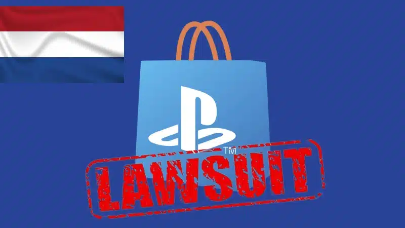 Sony PlayStation Store with the Netherlands flag top left and Lawsuit text centre
