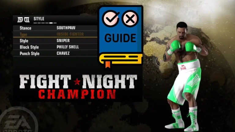 A boxer in green and white shorts stands in a fighting stance, with game stats and styles displayed alongside the "Fight Night Champion" logo.