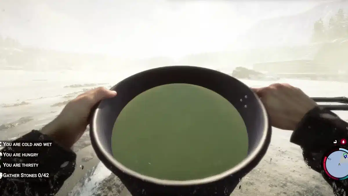 Player holding Egg Nog in a Cooking Pot during winter in Sons of the Forest.