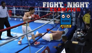 Manny Pacquiao knocking his opponent down in Fight Night Champion. A book guide is right-middle.