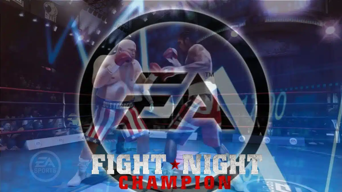 A boxing scene featuring two fighters in action, with the EA Sports logo and "Fight Night Champion" title prominently displayed.