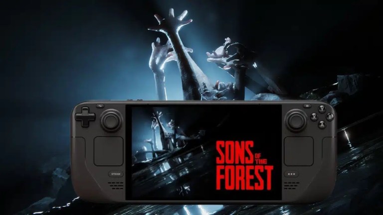 A Steam Deck handheld playing Sons of The Forest with eerie ghostly hands reaching from the darkness behind it.