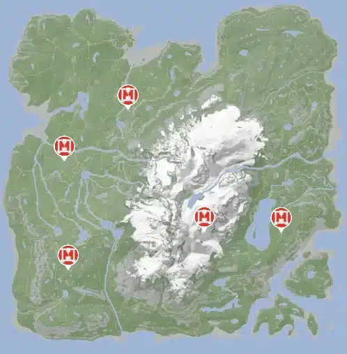 Map showing all five 3D Printer locations in Sons of the Forest.