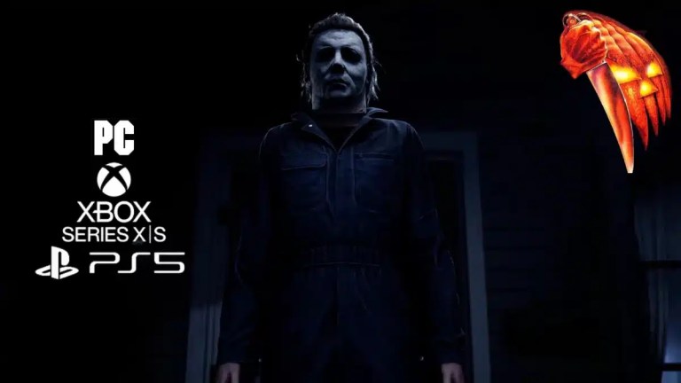 Michael Myers stands in a darkened doorway, accompanied by game platform logos for PC, Xbox Series X|S, and PS5, with the Halloween logo top right.