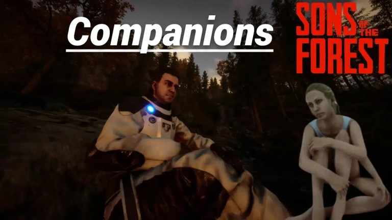 Game scene from "Sons of the Forest" shows Kelvin and Virginia sitting by a forest stream at dusk. The words "Companions" and game title are visible.