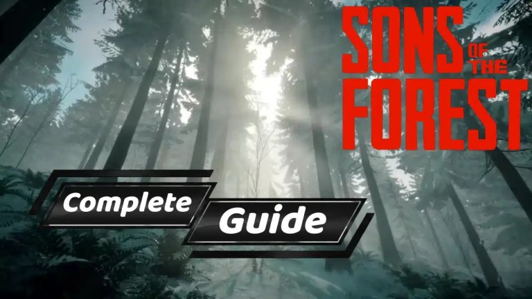 A misty forest scene featuring the title "Sons of the Forest" and text overlay reading "Complete Guide" against the backdrop of trees.