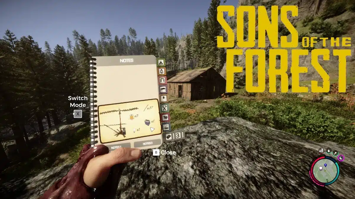 A player holds a notes page from the game "Sons of the Forest," featuring resource icons, with a wooden cabin and forest in the background.