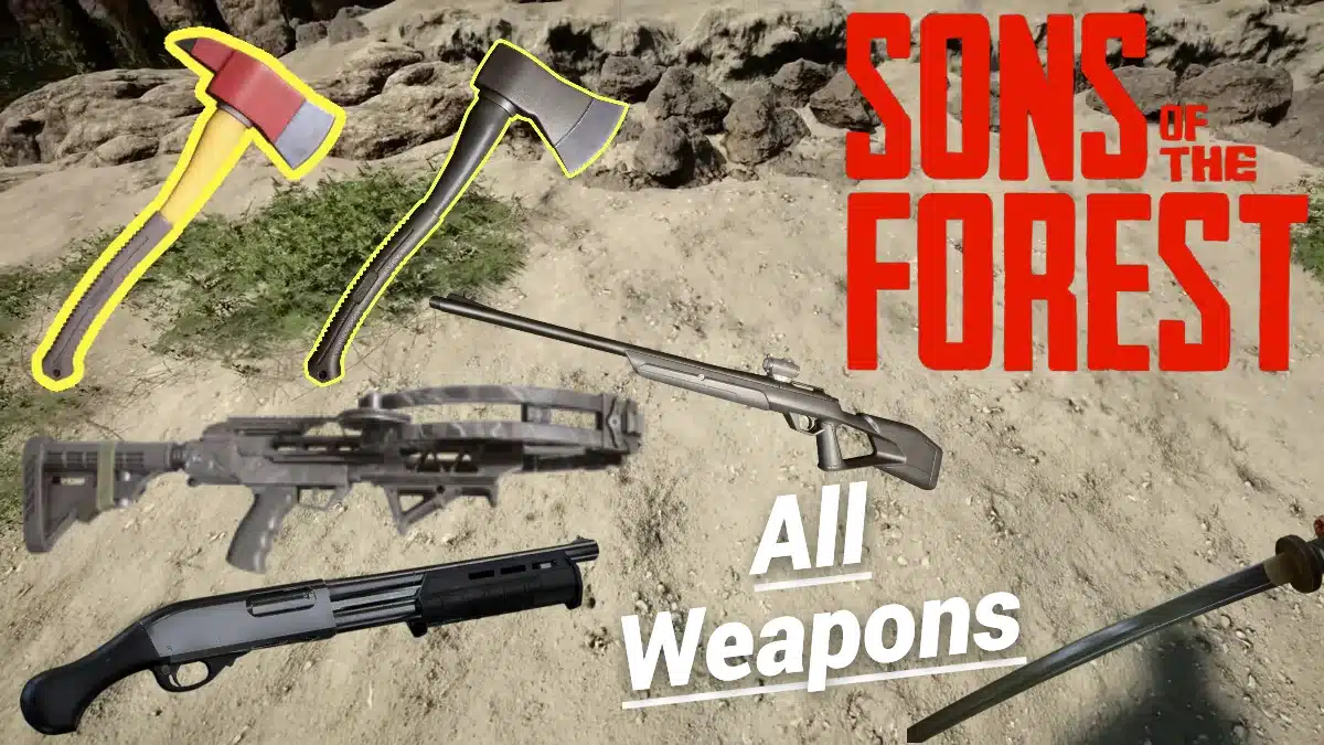 A collection of featured weapons from "Sons of the Forest," including axes, a crossbow, shotguns, and a sword, displayed on sandy terrain.