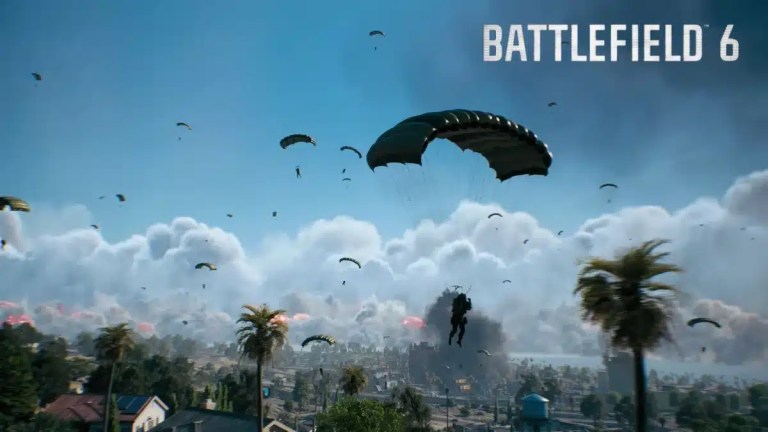 Parachutists descending in the REDSEC map with explosions in the distance and "BATTLEFIELD 6" text.