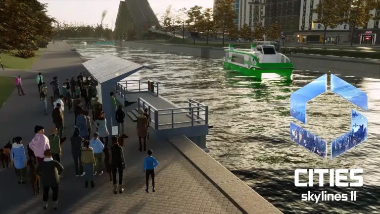 Crowded dock area with people waiting as a ferry approaches on the water in Cities Skylines II Bridges & Ports.