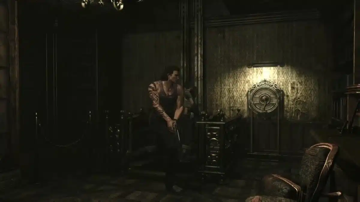 Billy Coen holds a handgun in a dimly lit, ornately decorated room.