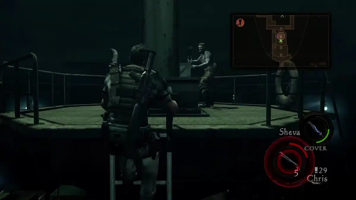 Chris Redfield climbs onto a platform in a dark setting, with another character nearby. A mini-map and health gauge are visible on the screen.