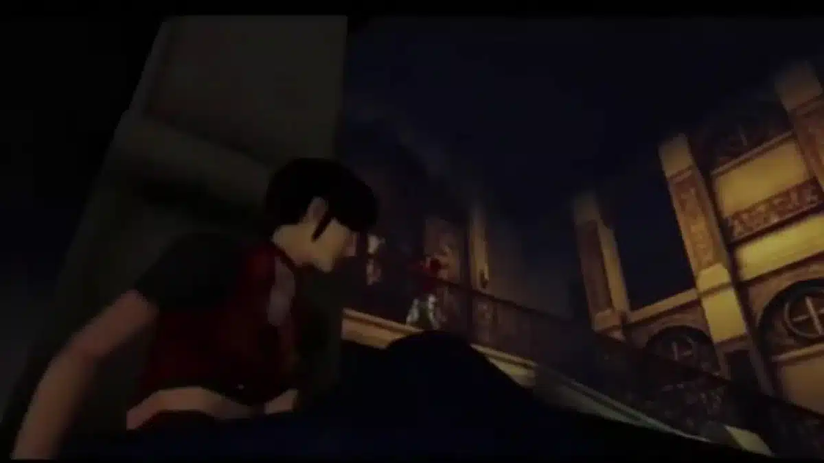 Resident Evil Code Veronica scene with Clair in a dark, ornate hall with a staircase and balcony.