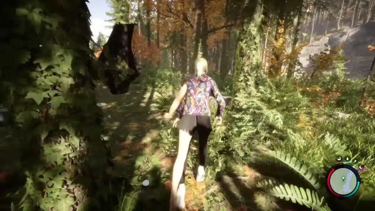 Virginia Puffton from Sons of The Forest navigates through a lush, green forest during autumn in a tracksuit.