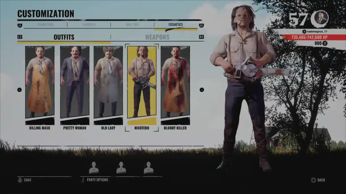 Texas Chainsaw Massacre The Game customisation screen showing horror-themed character outfits and Leatherface with a chainsaw.