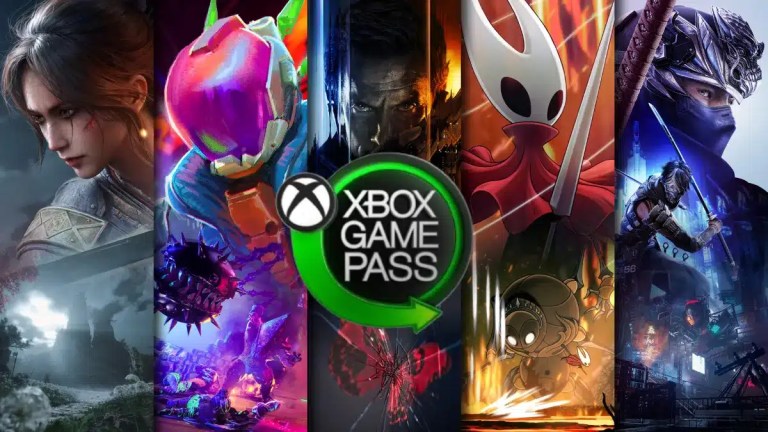 A collage of vibrant video game covers showcases various characters and scenes, with the Xbox Game Pass logo prominently displayed.
