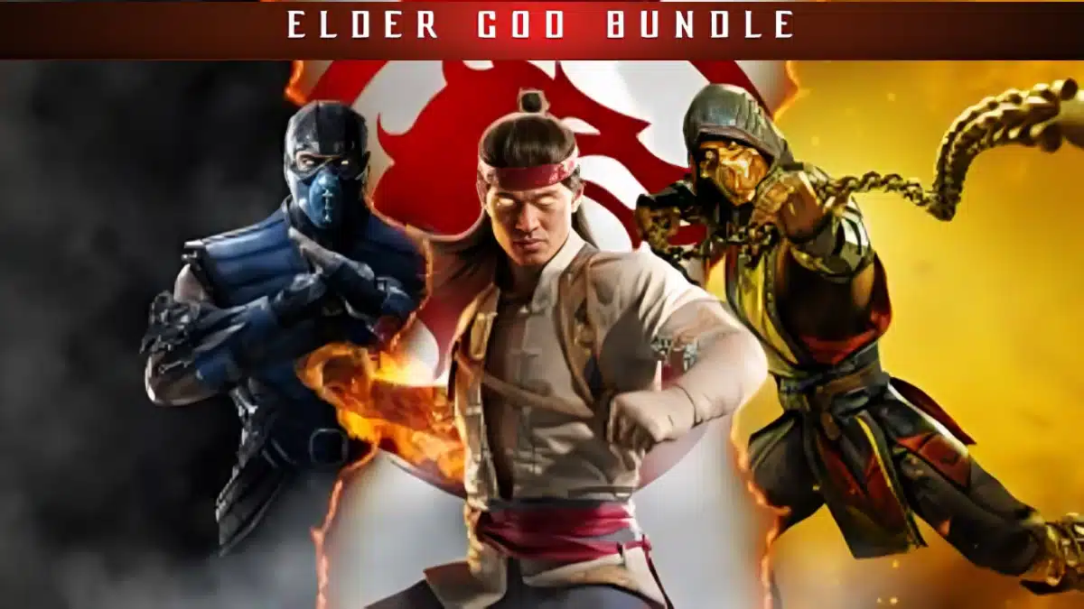 Three Mortal Kombat characters Sub-Zero, Scorpion and Liu Kang, set against a fiery red and yellow background. Text reads 'Elder God Bundle' at the top."