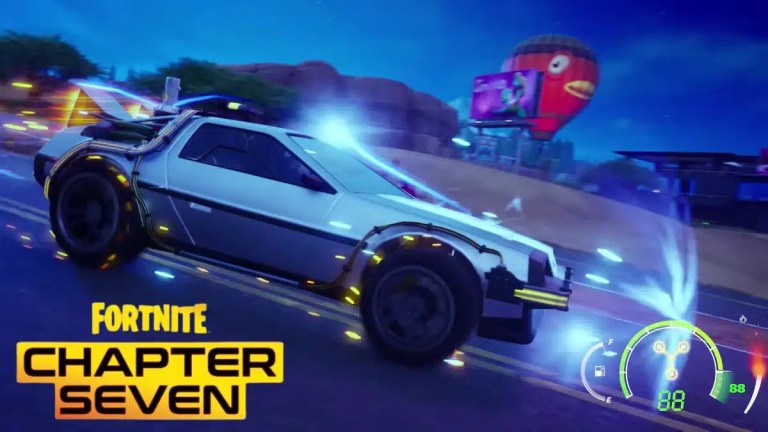The DeLorean from Back to the Future in Fortnite Chapter Seven. A hot air balloon and speedometer with neon elements in the background.