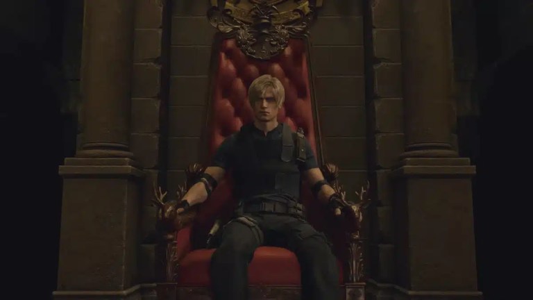 Leon S. Kennedy sitting on a throne in the Resident Evil 4 Remake.