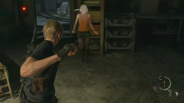 Resident Evil 4 Remake Leon Throwing an Egg at Ashley.