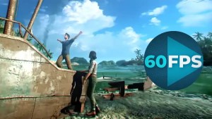 Two animated characters stand on a tropical beach next to an old boat in Far Cry 3. A 60 FPS logo is on the right.