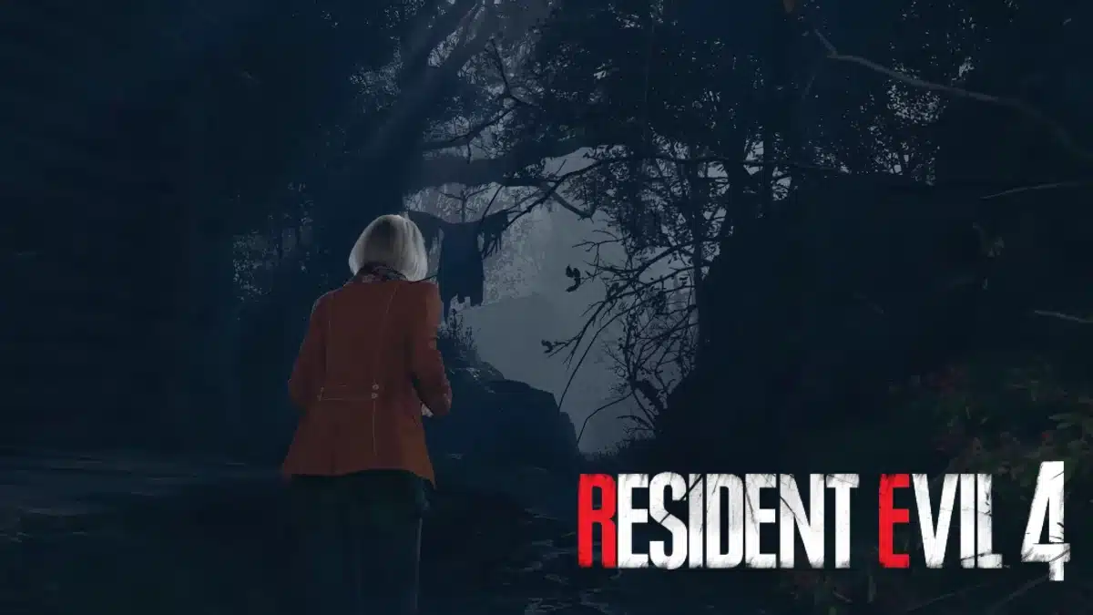 Ashley Graham in dark woods, Resident Evil 4 logo bottom right.