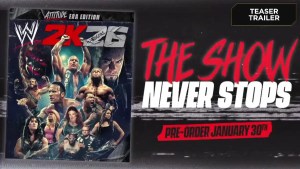WWE 2K26 Attitude Era cover left and Pre-Orders January 30th text right.
