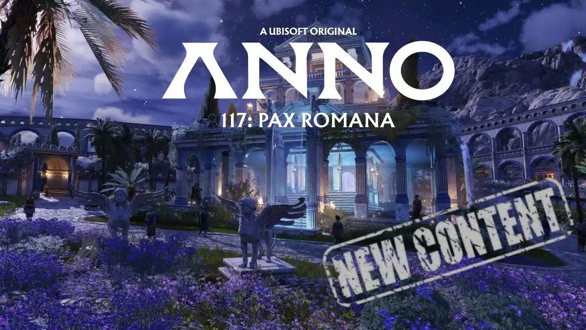 Scenic ancient Roman architecture at night with illuminated pillars and statues among purple flowers. Text reads 'Anno 117: Pax Romana' and 'New Content.'"