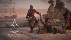 3 Pirates sitting round a fire, Assassin's Creed Black Flag Resynced logo bottom left.