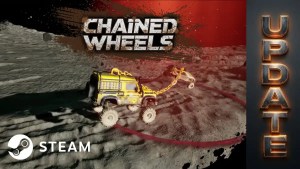 A yellow and black vehicle with chains on the Moon, featuring the text 'Chained Wheels Update' and Steam logo.