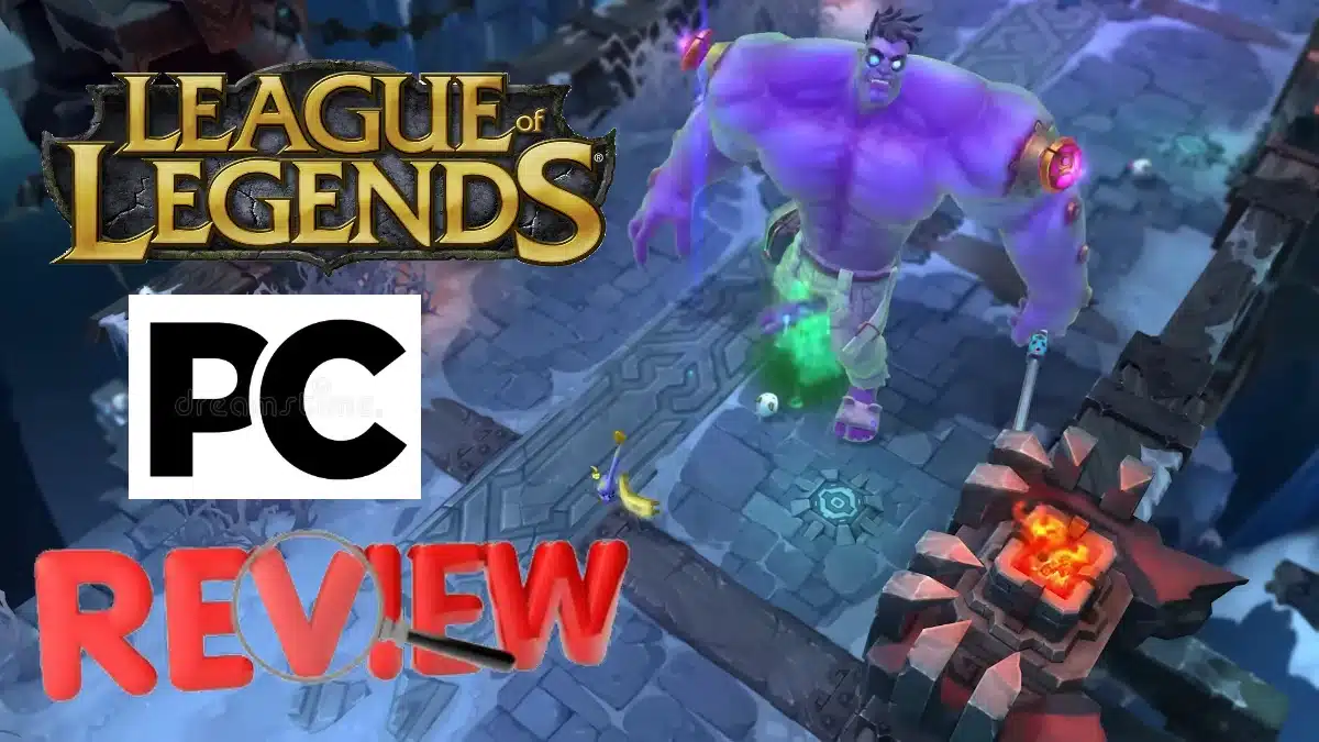 League of Legends PC review with a large purple character on a snowy map.