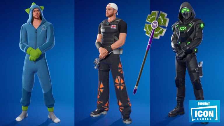 The 3 Mongraal skin variations in Fortnite with the Shing Shing Shing Pickaxe.