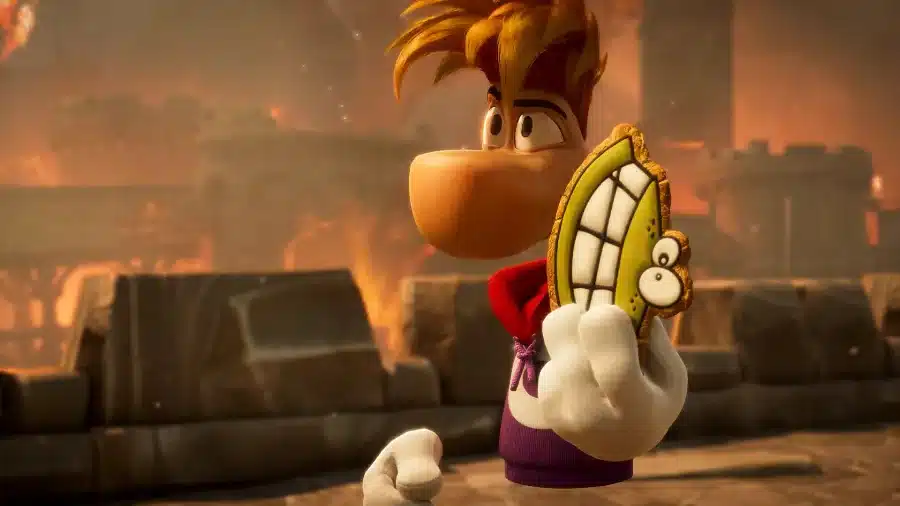 Cinematic screenshot of Rayman holding a toy in his right hand 