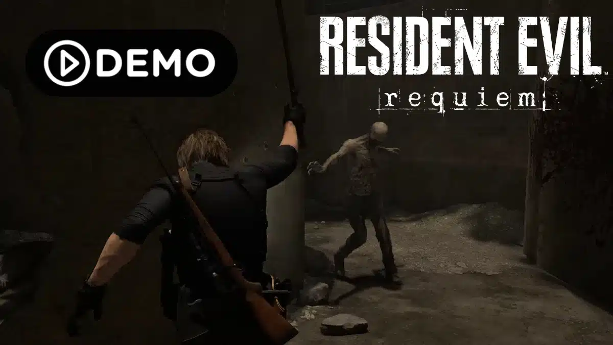 Leon Kennedy fighting an enemy in Resident Evil Requiem. Demo text top left.