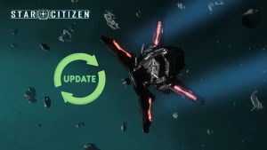 A Gatac Railen Ship in Star Citizen with Update text middle.