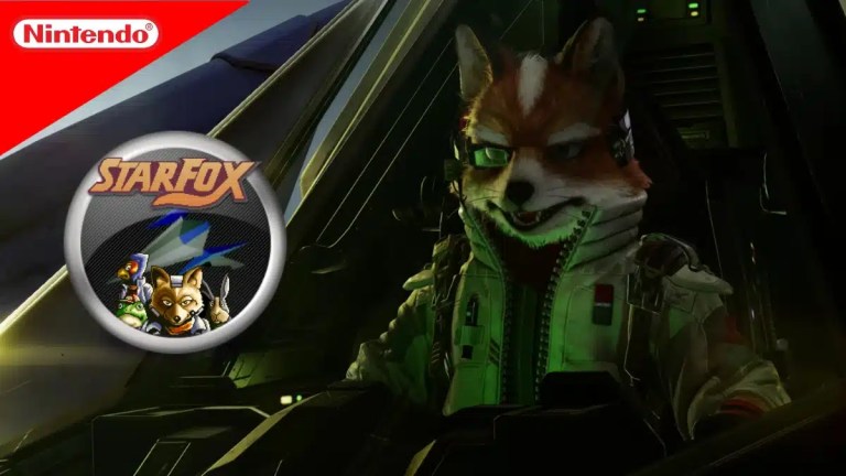 Fox McCloud in his spaceship with the Nintendo page peel logo top left.