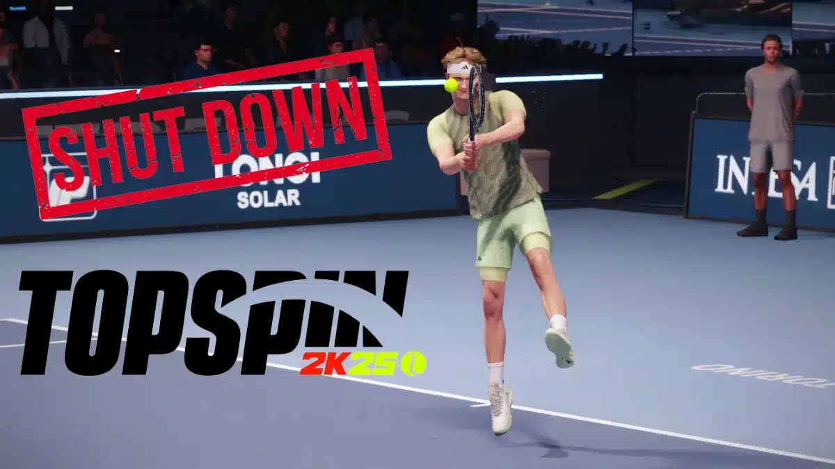 Tennis court gameplay: male avatar swings racket; “SHUT DOWN” and “TOPSPIN 2K25” overlays.
