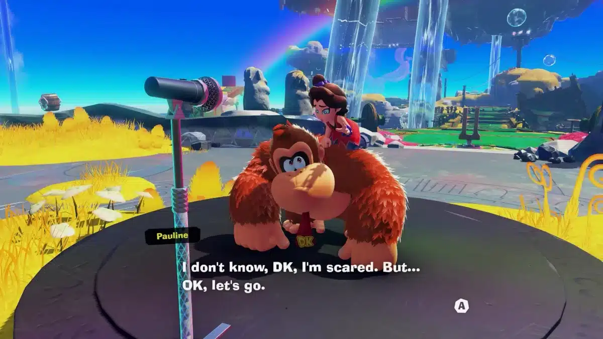 Donkey Kong making an expressive face with Pauline.