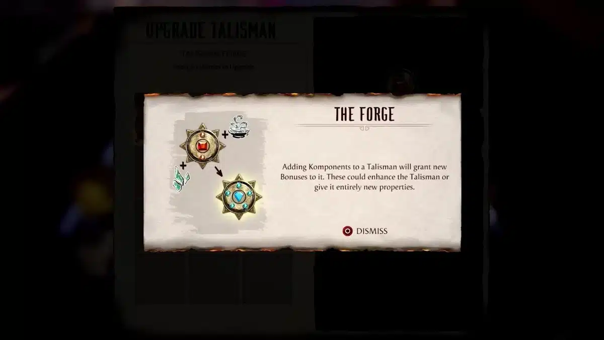 The Forge tutorial in Mortal Kombat 1 explains how adding Komponents grants new Talisman bonuses and properties.