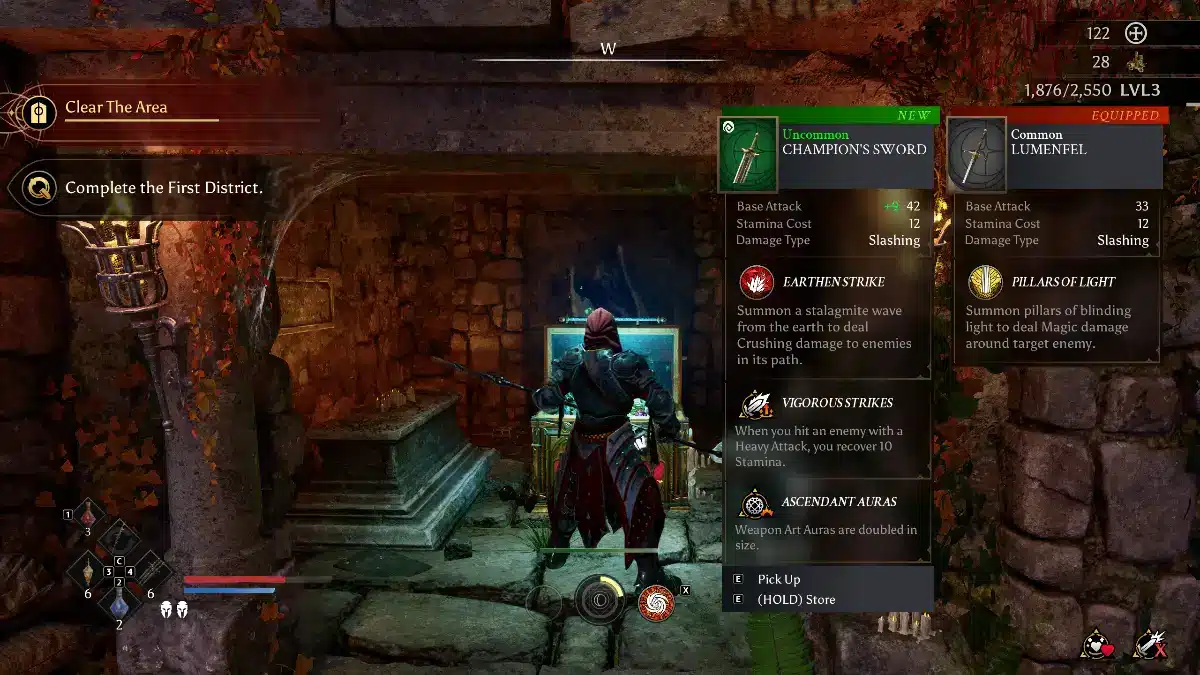A third-person perspective video game UI displaying a character in a medieval-style stone room, with quest objectives "Clear The Area" and "Complete the First District" on the left, and detailed item descriptions and abilities for two swords, "Champion's Sword" and "Lumenfel," on the right.