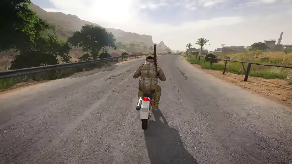 A player in DayZ riding a two-wheeled motorcycle. 