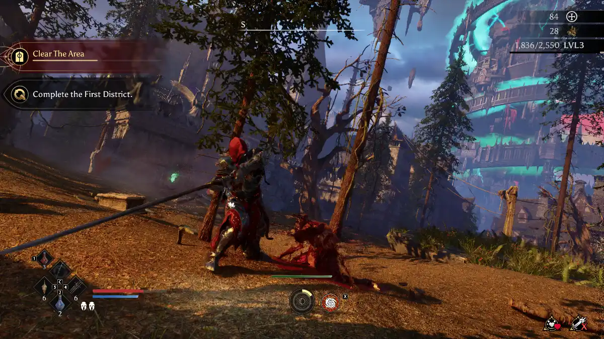 A video game character in red armor with a hood stands over a defeated red dragon-like creature on a grassy, wooded terrain. In the background, a fantastical city floats in the sky, illuminated by an ethereal green glow. The game interface shows mission objectives: "Clear the Area" and "Complete the First District."