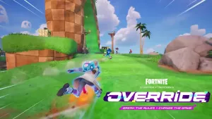 A Sonic-themed landscape from the game Fortnite, featuring Jonesy gliding down a hill and the text "FORTNITE CHAPTER 2 SEASON 4 OVERRIDE BREAK THE RULES - CHANGE THE GAME."