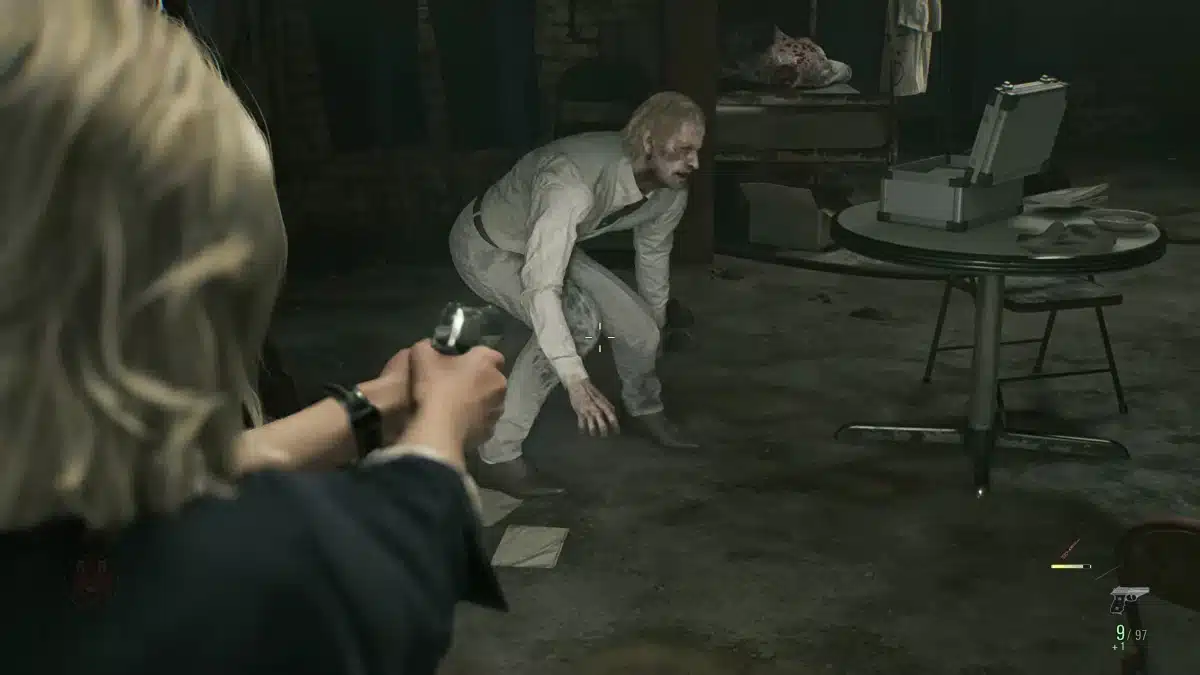 Grace Ashcroft shooting at a zombie in Resident Evil Requiem