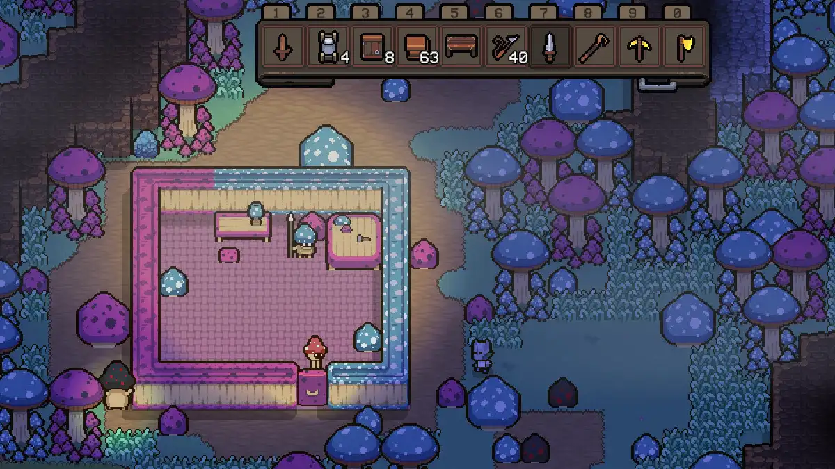 Top-down view of a fantasy game scene with a small character standing near a brightly lit building surrounded by large, colorful mushrooms. An inventory bar with icons and numbers is visible at the top of the screen.