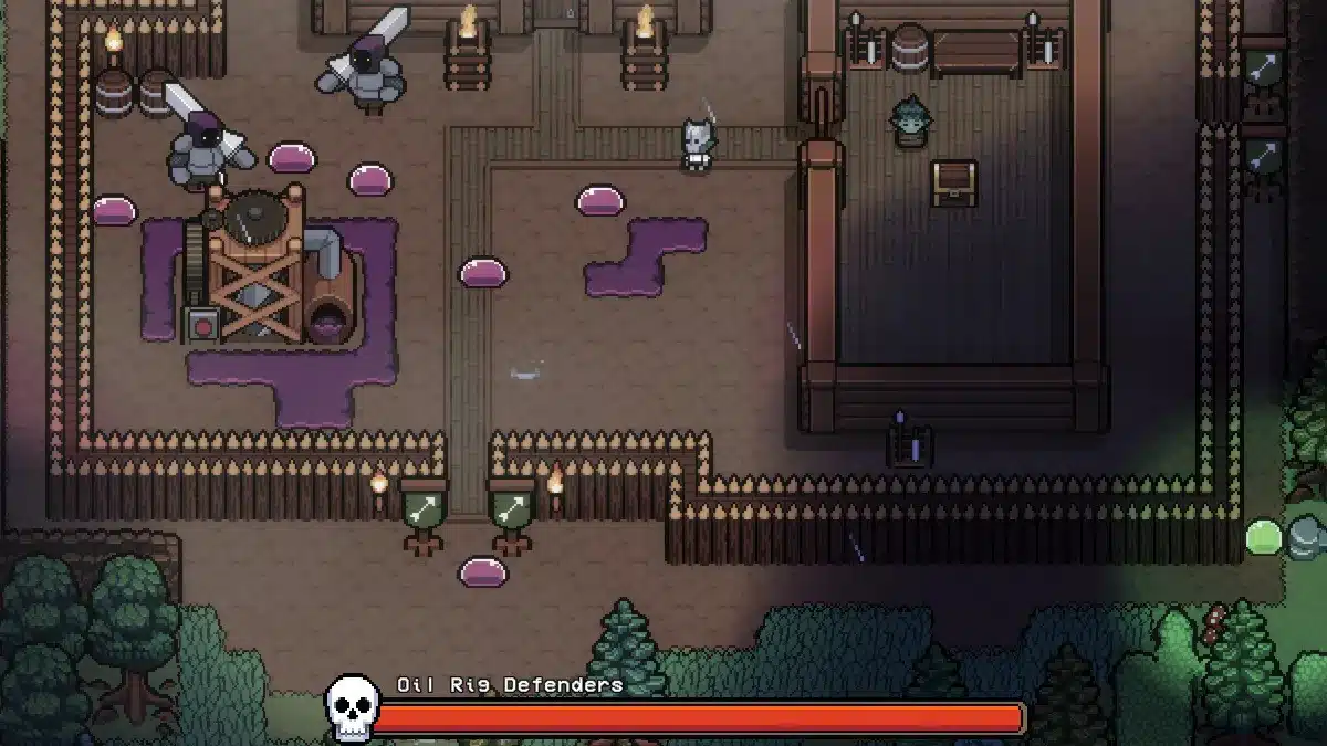 Top-down pixel art view of a video game scene titled "Oil Rig Defenders" showing a central oil rig with purple liquid, defending knights, purple slimes, a small white creature, an elf-like character, a chest, and a forest background.
