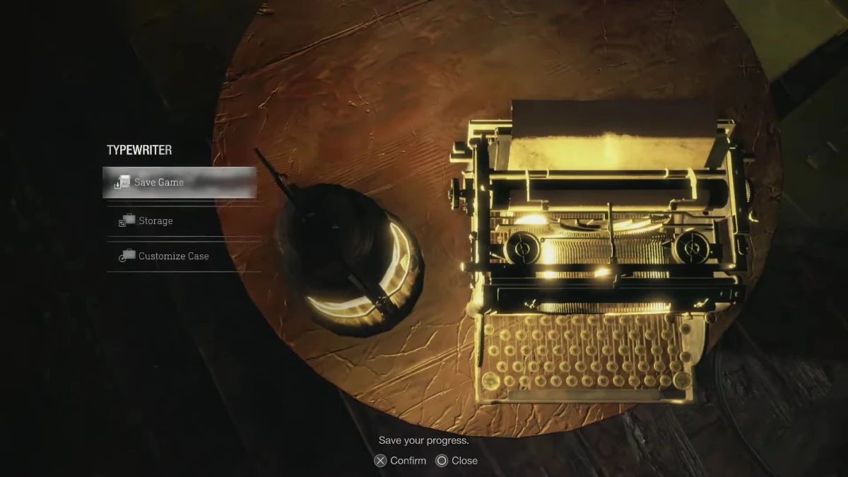 Leon using a typewrite to save game in Resident Evil 4 Remake