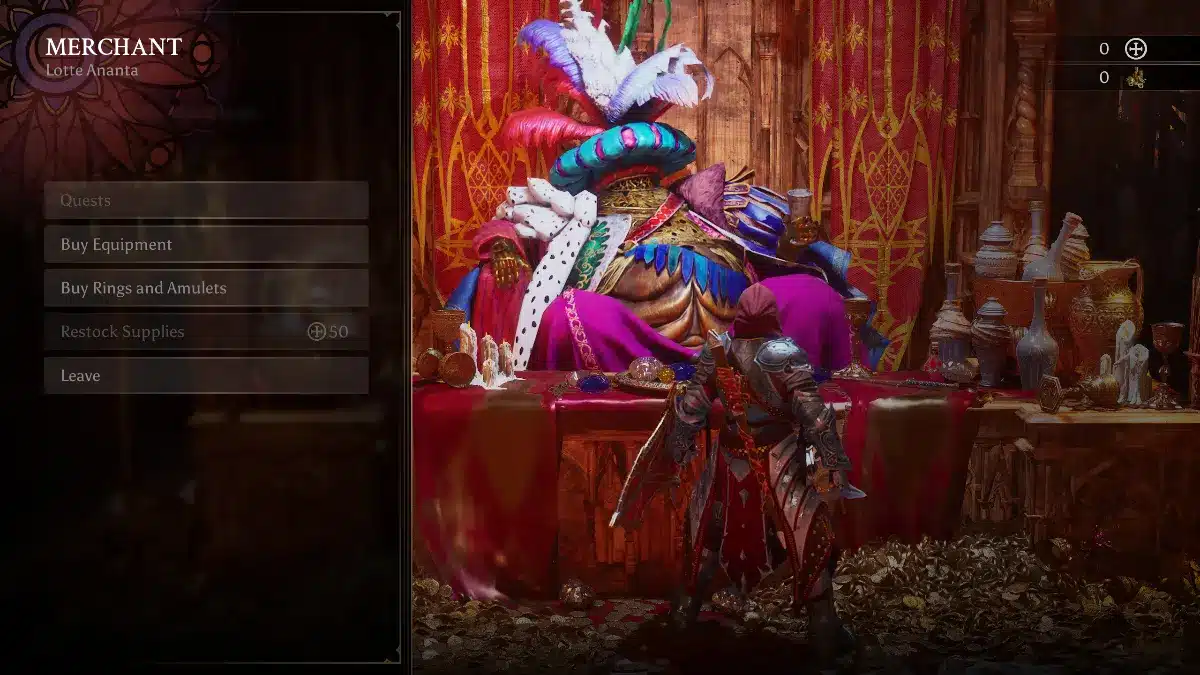 A video game merchant interface with options to "Quests," "Buy Equipment," "Buy Rings and Amulets," "Restock Supplies," and "Leave," next to a richly decorated merchant character sitting on a throne surrounded by opulent fabrics, ornate vases, and various items.